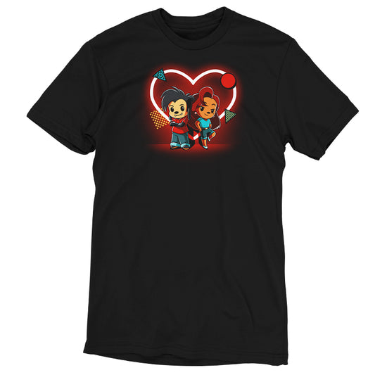 A Disney officially licensed Max and Roxanne black T-shirt featuring a heartwarming image of a boy and girl.