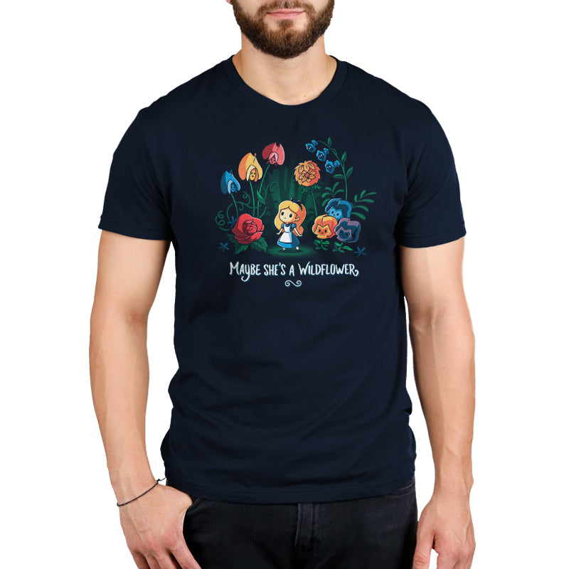 A licensed Maybe She's A Wildflower T-shirt featuring a man wearing a "garden is the sun" T-shirt. (Brand Name: Disney)