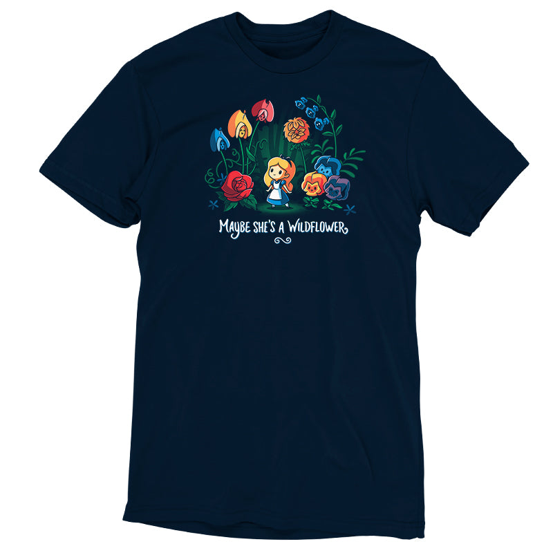 An officially licensed Maybe She's A Wildflower navy t-shirt by Disney.