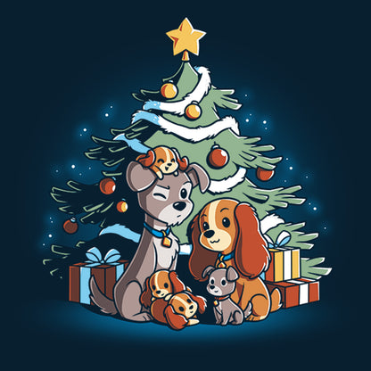 A navy blue Merry Christmas From Lady and the Tramp t-shirt with dogs around a Christmas tree.