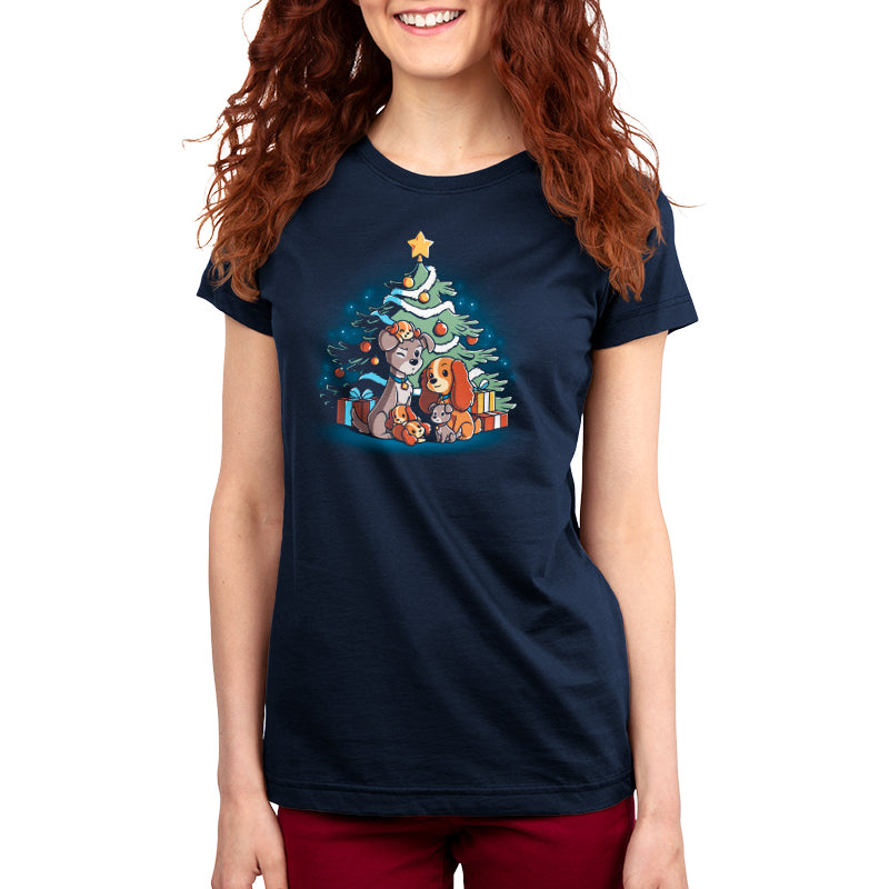 A navy blue women's t-shirt with an image of "Merry Christmas From Lady and the Tramp" from Disney.