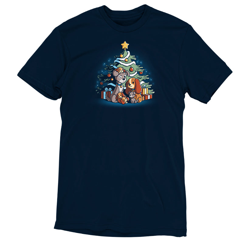 A Disney t-shirt featuring an image of Merry Christmas From Lady and the Tramp, in a vibrant navy blue.