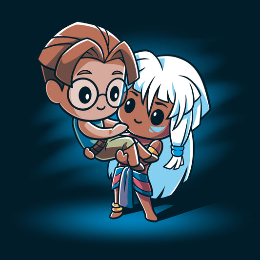 Milo and Kida, officially licensed by Disney, holding each other on a dark background.