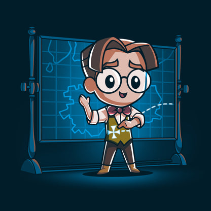 A Disney cartoon character standing in front of a map showcasing Milo's Mission Plan.