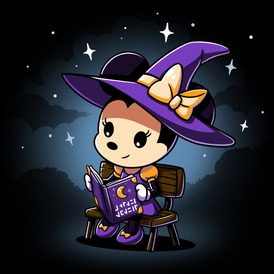 Minnie Mouse in a witch hat reading Minnie's Spellbook, officially licensed Disney product.