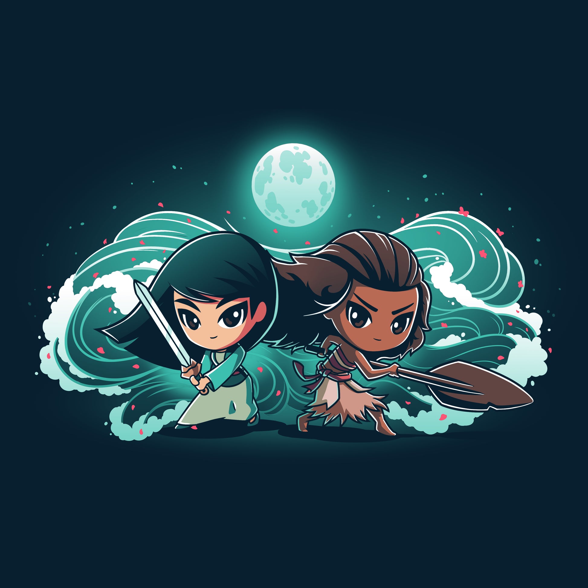 Officially licensed Disney T-shirt featuring Mulan and Moana brandishing swords in the water.
