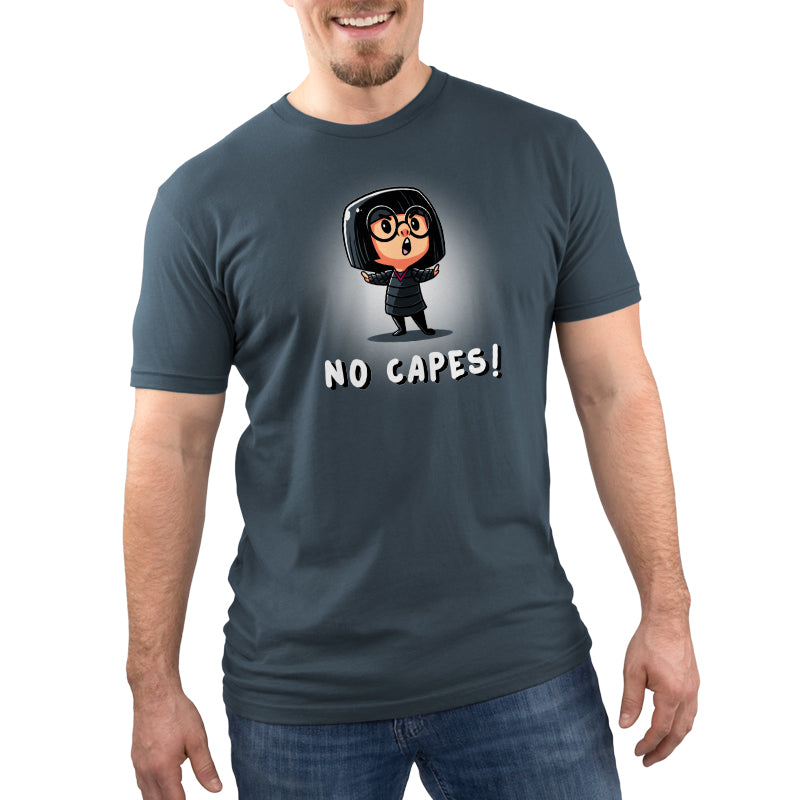 A man wearing a No Capes t-shirt, inspired by Edna Mode from Disney's licensed products.