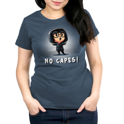 A woman wearing a Disney licensed Men's T-shirt that says No Capes.