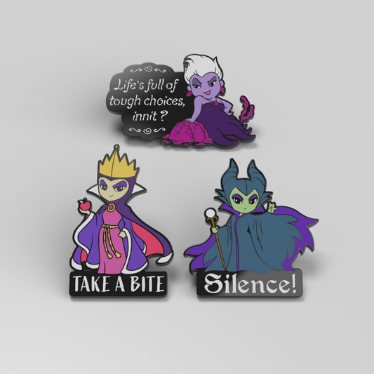 Officially Licensed Disney Life's Full of Tough Choices & Silence & Take a Bite Pins (3-Pack) featuring Ursula.