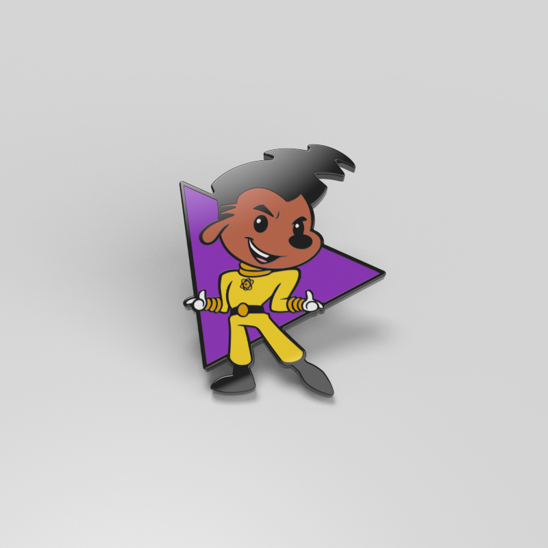 An officially licensed enamel pin featuring Powerline Pin, a cartoon character in a yellow and purple outfit by Disney.