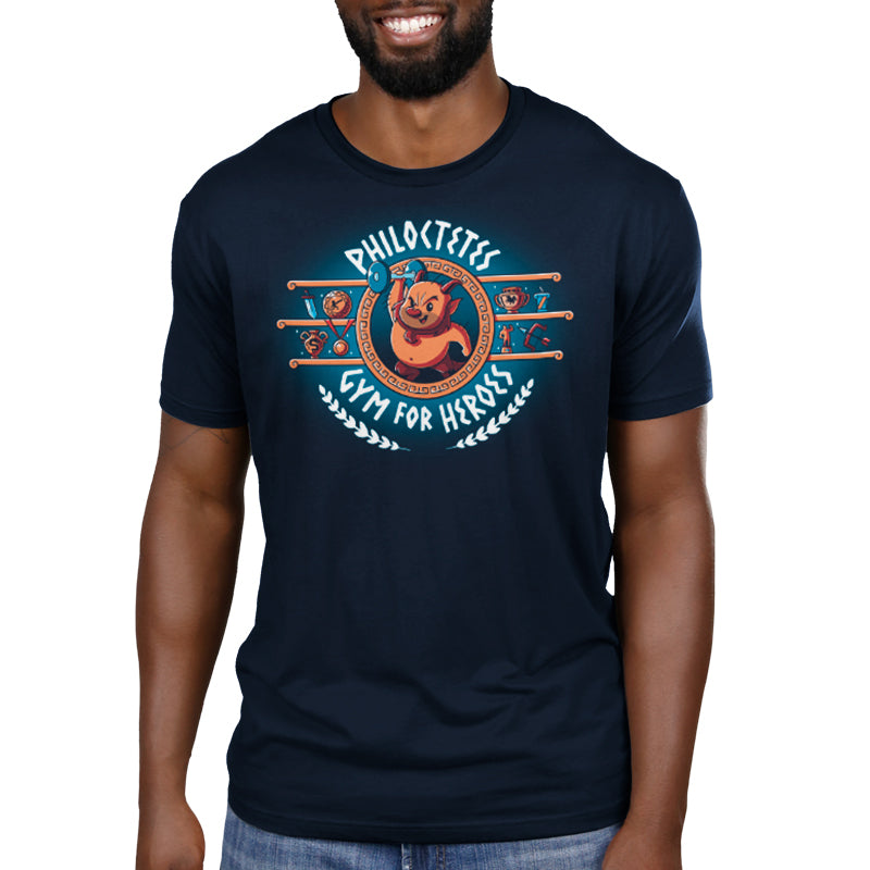 A man is wearing a licensed men's t-shirt promoting Disney's Philoctetes Gym For Heroes.