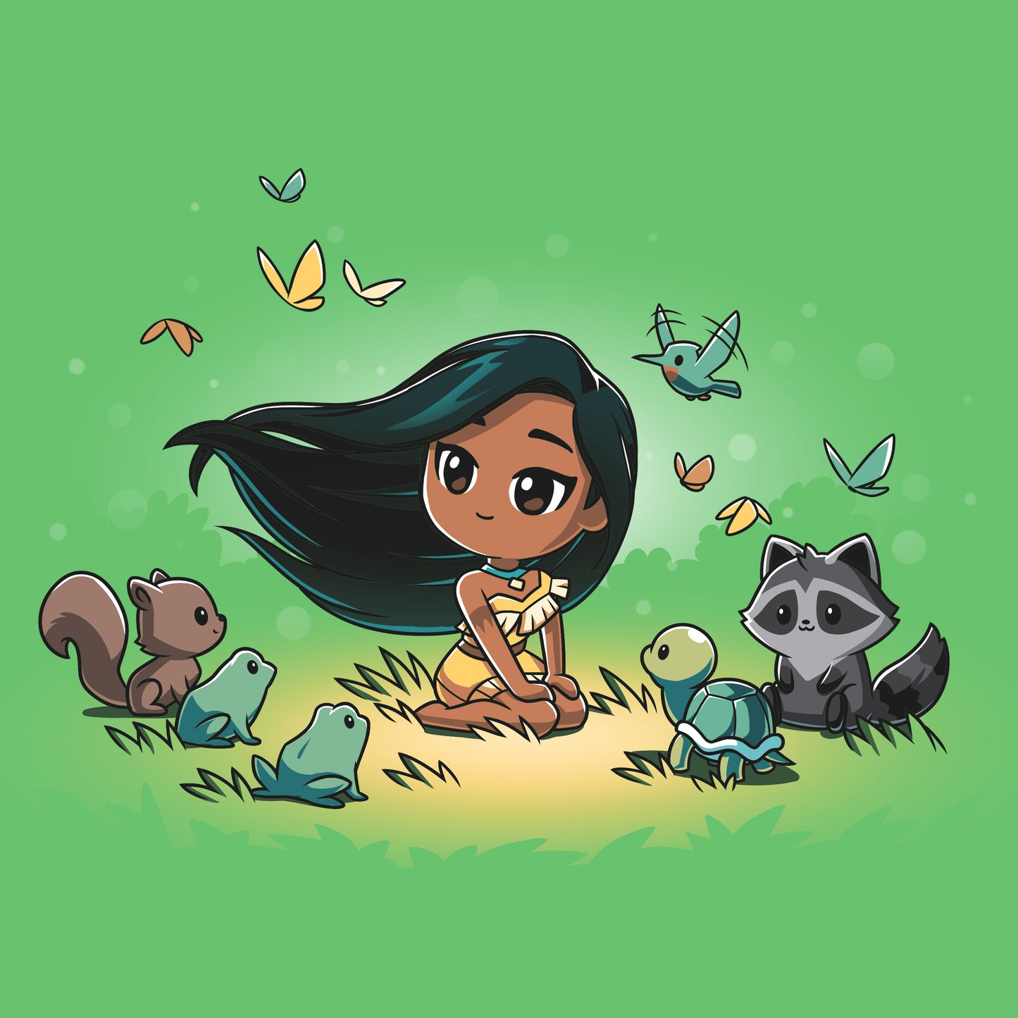 A girl officially licensed as Pocahontas sitting in the grass with Disney's Pocahontas and Her Forest Friends around her.