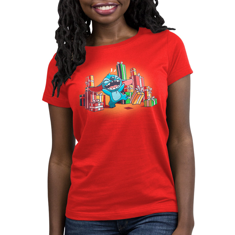 A woman wearing a Disney t-shirt with Presents for Stitch, the lovable cartoon character, on it.