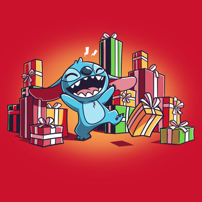 A Disney cartoon featuring Stitch wearing a T-shirt, surrounded by Presents for Stitch.