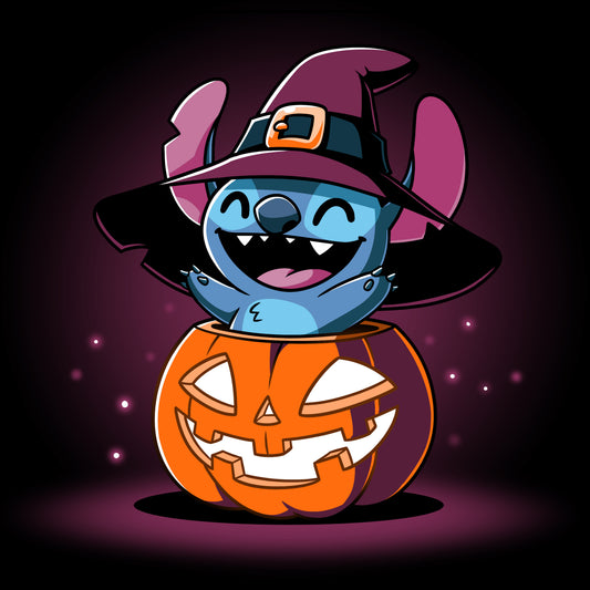 A Disney cartoon character, Stitch, in a Disney licensed Halloween costume, sitting in a Pumpkin Stitch.