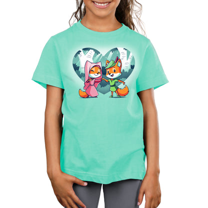 A girl wearing a Disney licensed T-shirt with Robin Hood and Maid Marian on it.