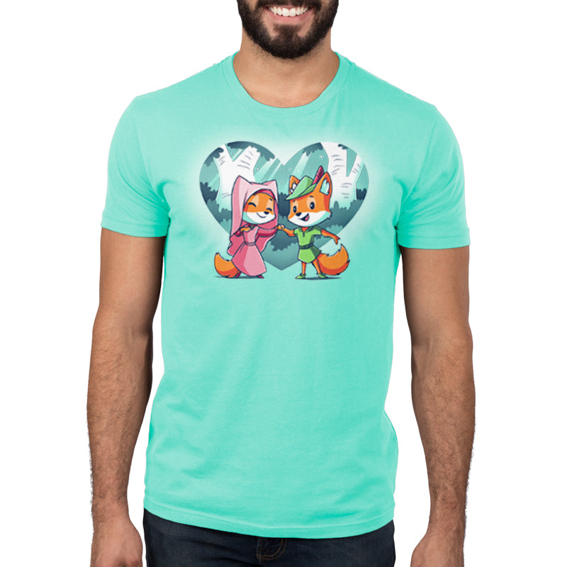 An officially licensed men's t-shirt featuring Robin Hood and Maid Marian, inspired by Disney's Robin Hood.