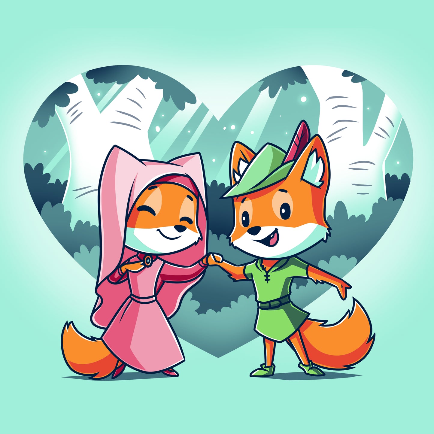 A Disney-licensed cartoon of Robin Hood and Maid Marian, a fox with a princess in a heart shape.