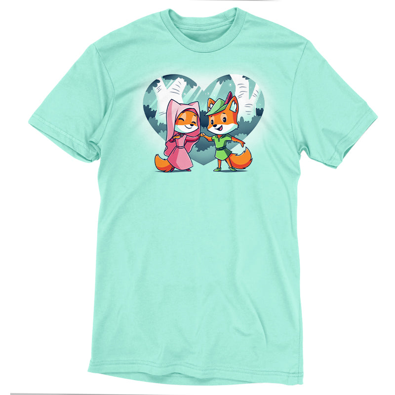 A Disney t-shirt featuring Robin Hood and Maid Marian, two officially licensed foxes, in a heart shape.