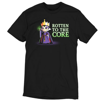 An officially licensed black t-shirt featuring Snow White with a "Rotten to the Core" design from Disney.