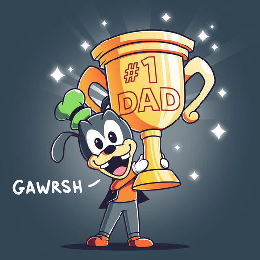 A #1 Dad (Goofy) from Disney holding a trophy.