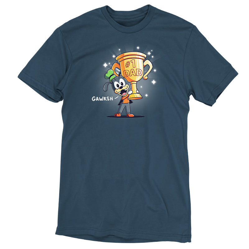 A licensed Disney Goofy Movie #1 Dad T-shirt featuring a man holding a trophy.