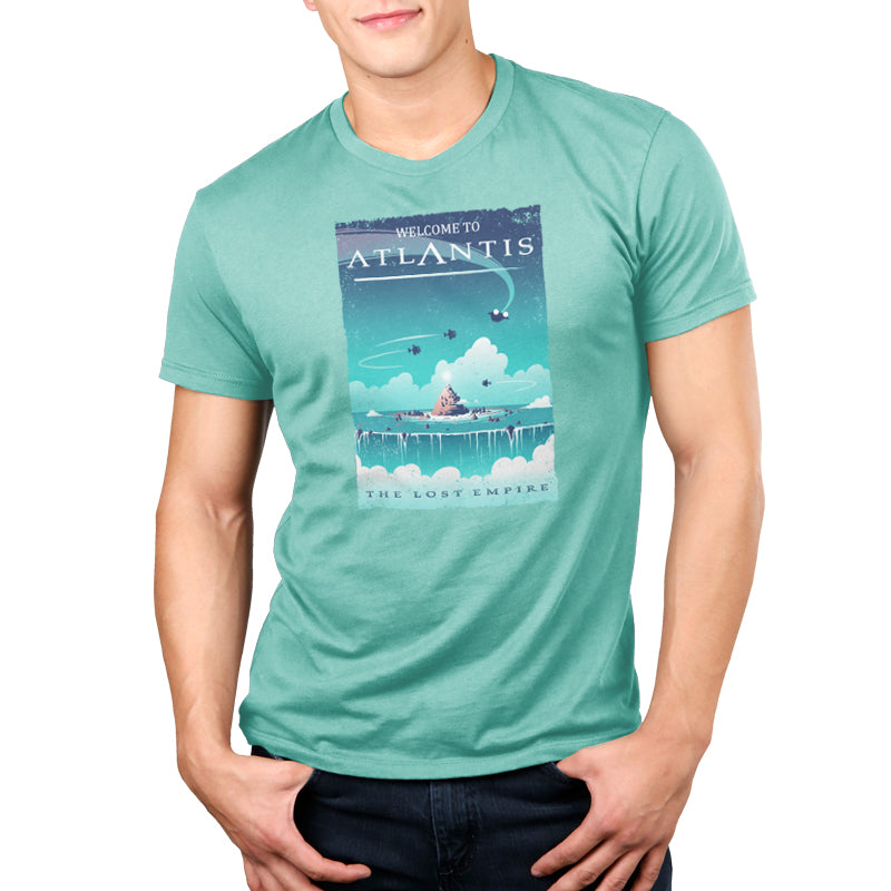 A man wearing a Disney Atlantis-themed T-shirt.