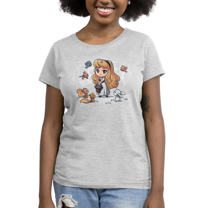 Officially licensed women's short sleeve Disney t-shirt featuring Aurora's Forest Friends from Disney.