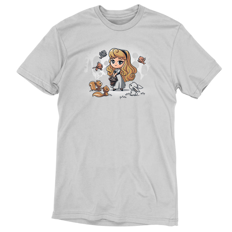 An Aurora's Forest Friends T-shirt featuring a girl holding a teddy bear.