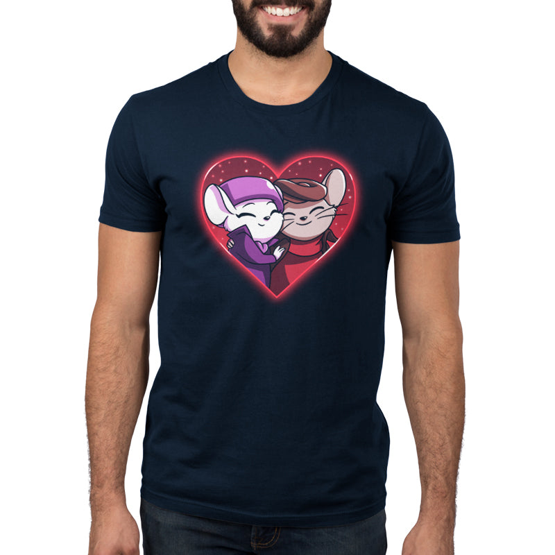 A man wearing an officially licensed Disney men's t-shirt featuring Bernard and Bianca with two mice in a heart.