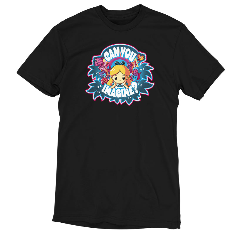 An officially licensed Can You Imagine? black Disney Wonderland t-shirt with a cartoon character on it.