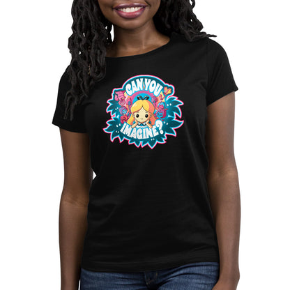 An officially licensed women's black T-shirt featuring the Can You Imagine? cartoon character from Disney's Wonderland.