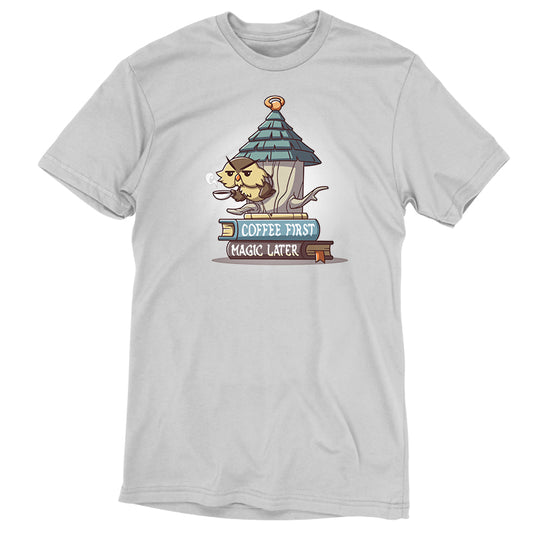 A Disney Coffee First, Magic Later T-shirt with an image of Archimedes, a cat in a house.