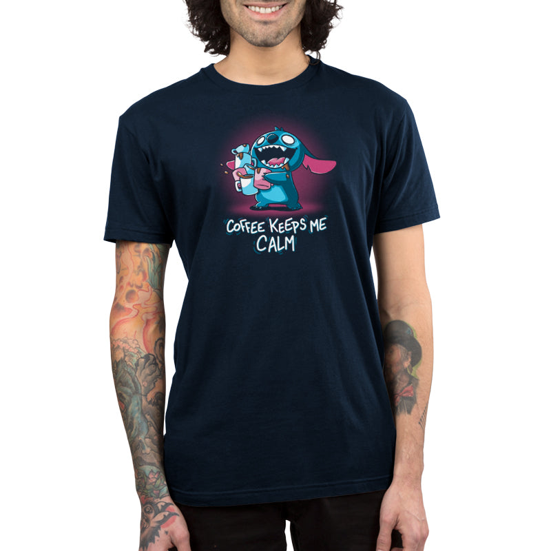 A man wearing an officially licensed Disney Coffee Keeps Me Calm (Stitch) T-shirt.