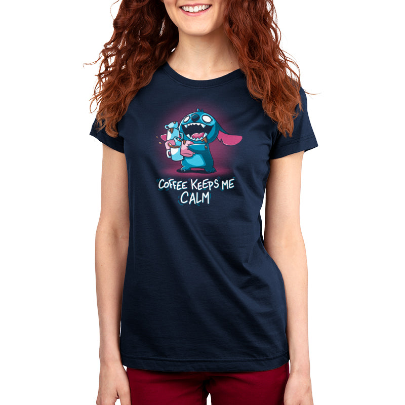 An officially licensed Disney women's t-shirt with the words "Coffee Keeps Me Calm (Stitch)".