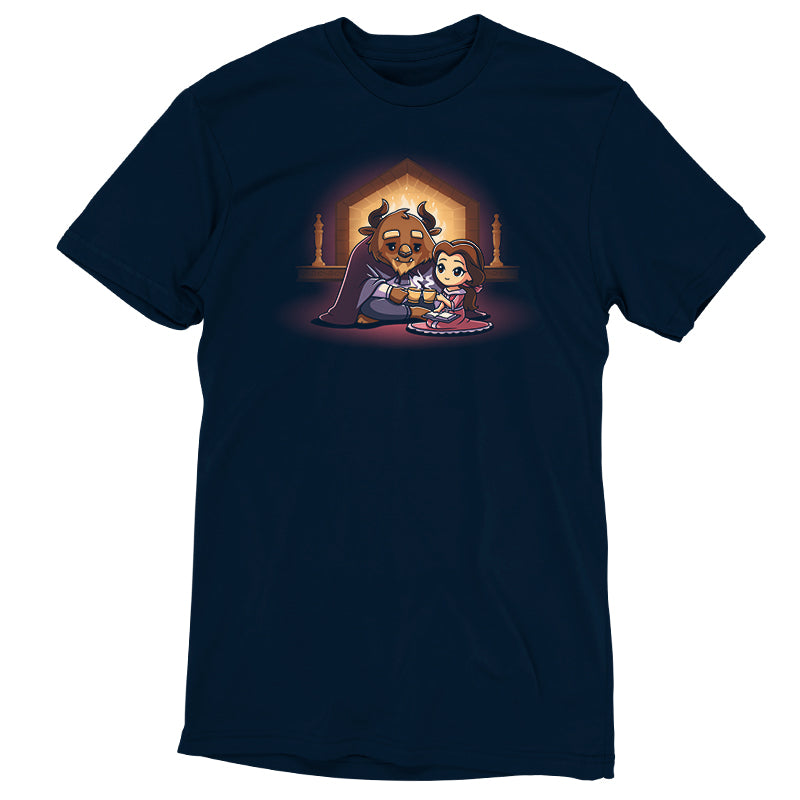 An officially licensed Disney Cozy Beast and Belle T-shirt featuring an image of a boy and a girl.
