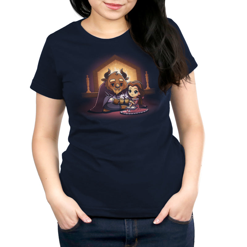 A women's officially licensed Disney Cozy Beast and Belle T-shirt with an image of a dog and a cat.