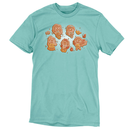 An officially licensed Disney teal T-shirt with a group of gnomes on it.