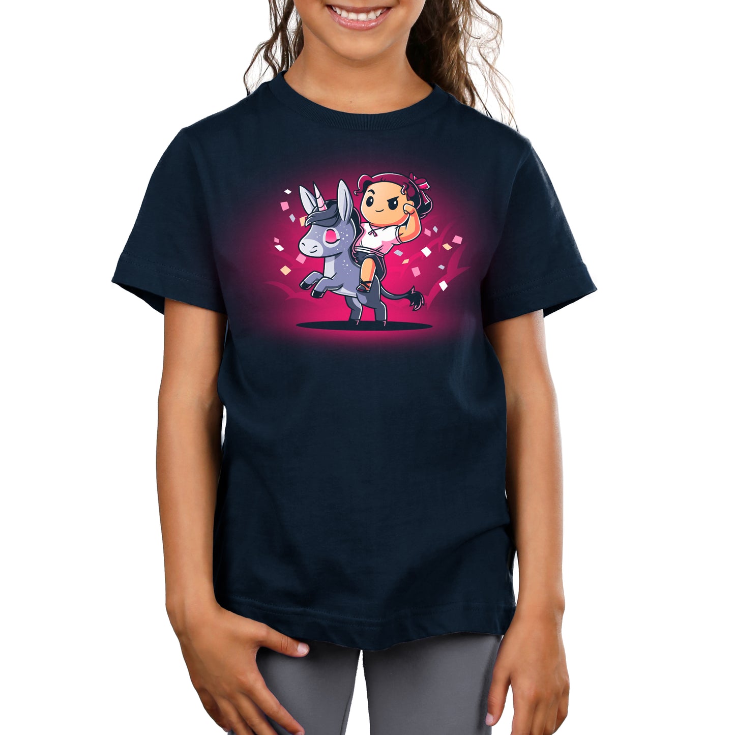 A girl wearing an Epic Luisa navy blue unisex tee with an image of a girl and a donkey, made by Disney.