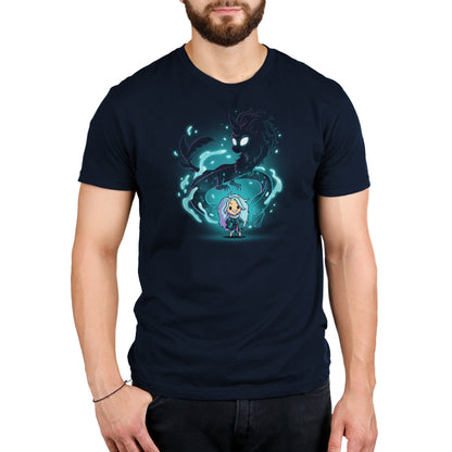 A man wearing an officially licensed Epic Sisu t-shirt with an image of a dragon by Disney.