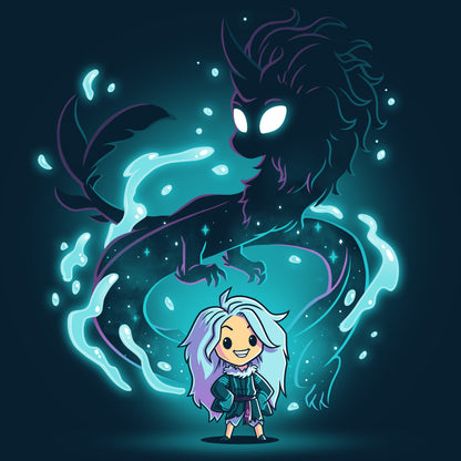 A girl with navy blue hair and a dragon in front of her wearing an Epic Sisu t-shirt from Disney.