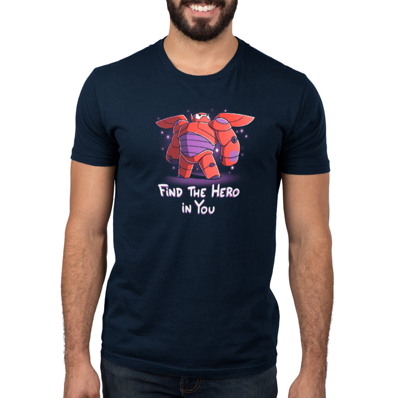 A man wearing a Disney Find the Hero in You t-shirt.