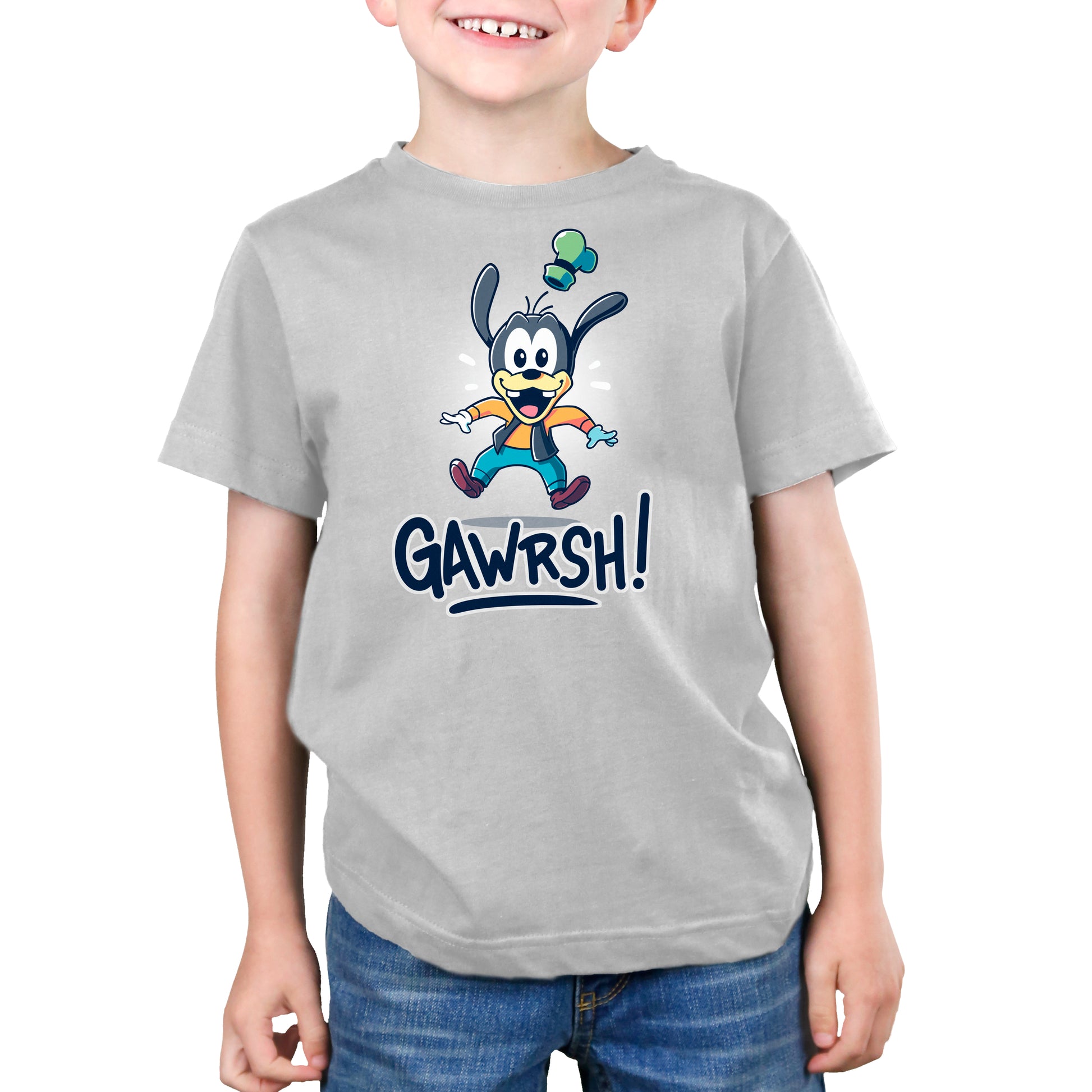 A young boy wearing a Disney Gawrsh! T-shirt.