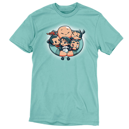A Disney-themed blue t-shirt featuring Mulan and other cartoon characters, the Group Hug by Disney.