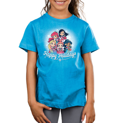 A girl wearing a blue T-shirt celebrating the Happy Holidays (Disney Princesses) from Disney.