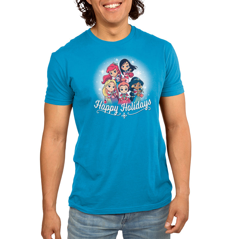 A man wearing a blue Disney T-shirt that says Happy Holidays (Disney Princesses).