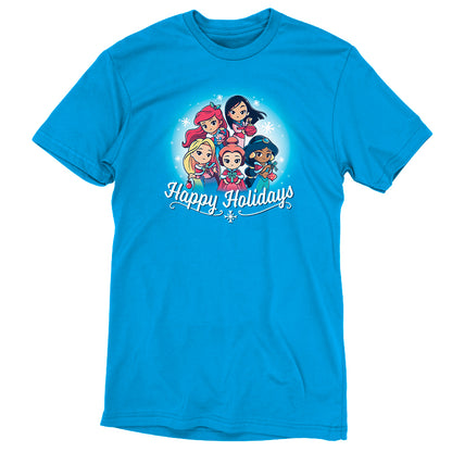 A blue Disney T-shirt with the words "Happy Holidays" on it.