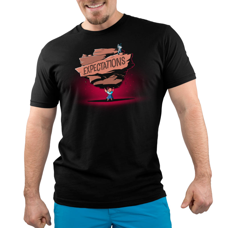 A man wearing a black t-shirt made of super soft ringspun cotton.
Product Name: Heavy Expectations
Brand Name: Disney

Revised Sentence: A man wearing a Disney Heavy Expectations t-shirt made of super soft ringspun cotton.
