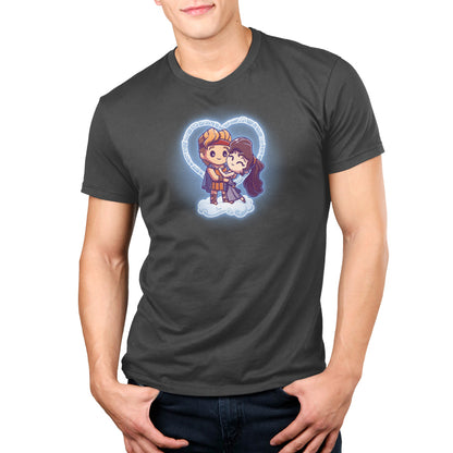 An officially licensed men's Disney t-shirt featuring an image of Hercules and Megara holding hands.