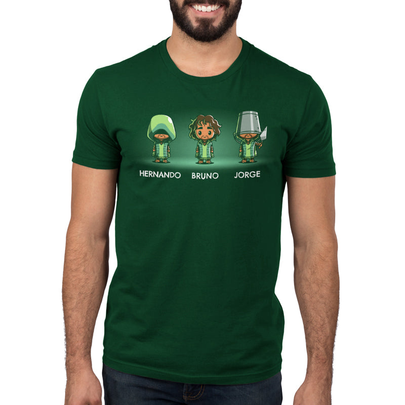 An officially licensed Disney Hernando, Bruno & Jorge t-shirt featuring Bruno and three men.